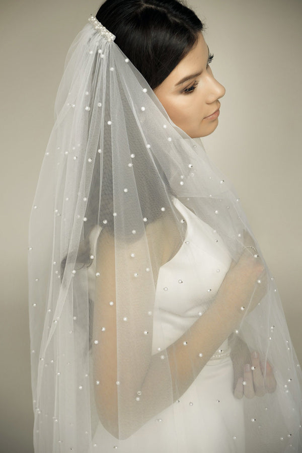 Pearls 2 tiers wedding Veil 2 layer