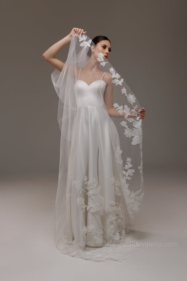 Lace veil with big beaded flowers cathedral veil,V-2501
