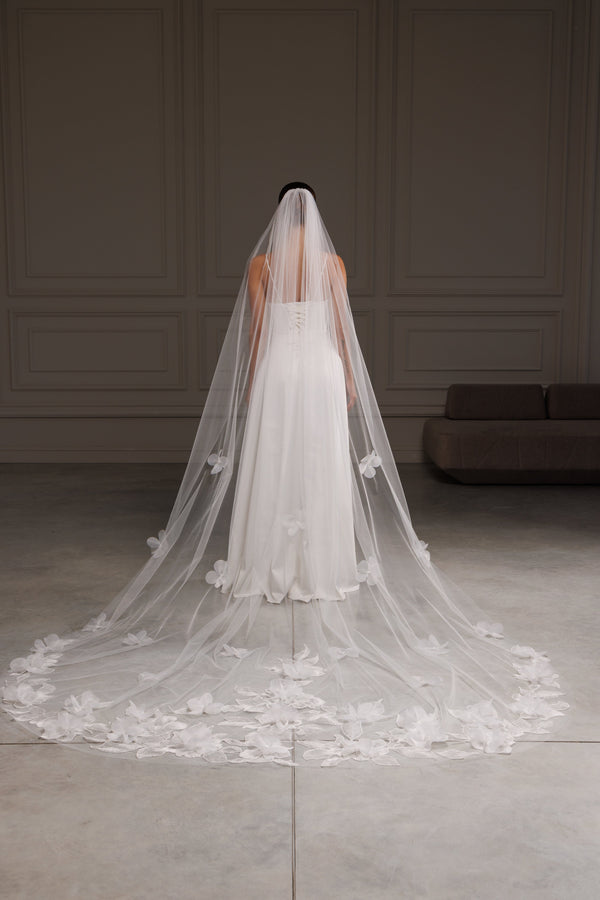 One layered lace veil with 3D flowers ,V-2525