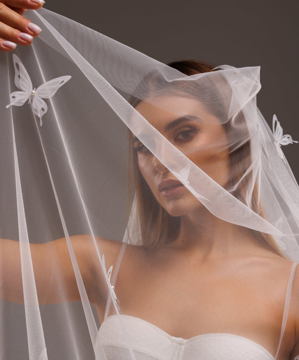 3D butterfly Wedding Veil with Pearls, 3DBV/V-2512