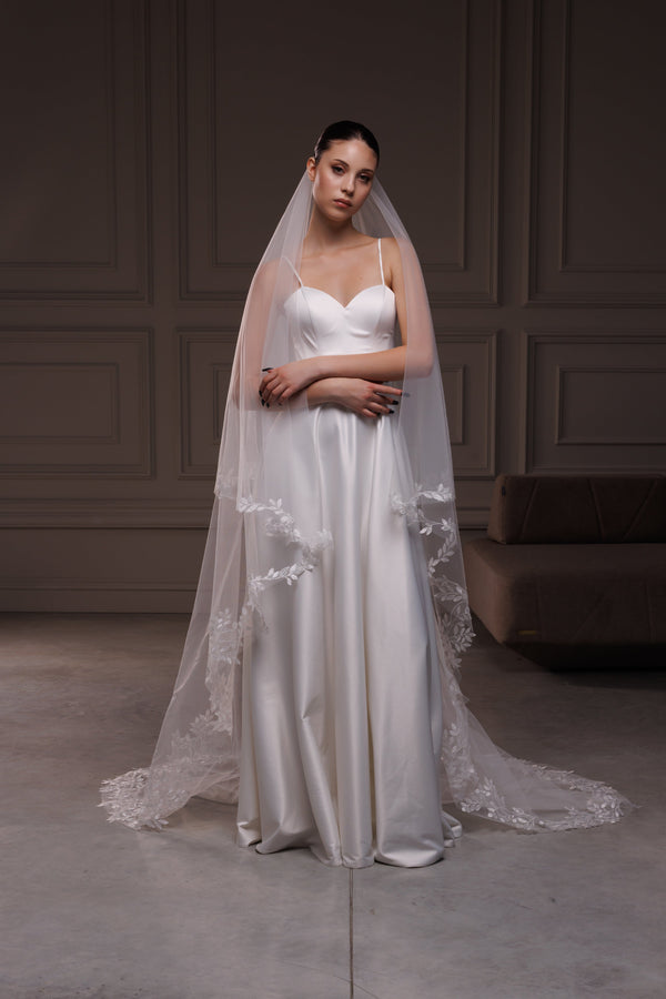 Cathedral lace veil with blusher 2 layers,V-2518