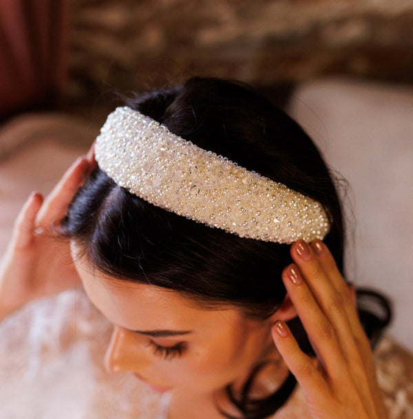 Wide bridal headband with pearls