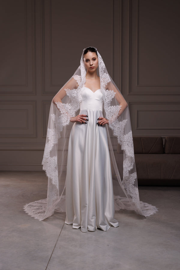 One layer mantilla lace trim bridal veil,V-2557