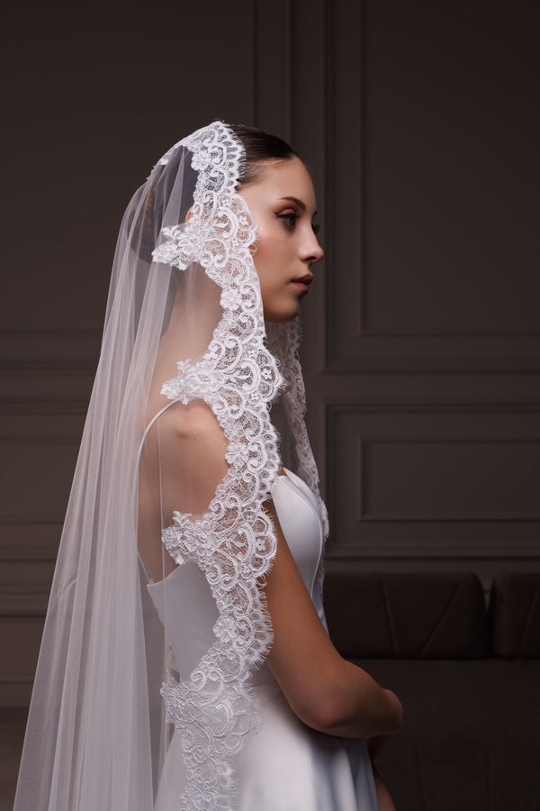 One-layer spanish mantilla lace trim bridal veil, V-2504