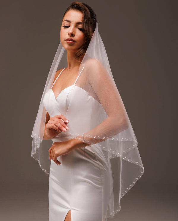 Light Ivory Beaded Wedding Veil with 2 layers,  2LCOSV