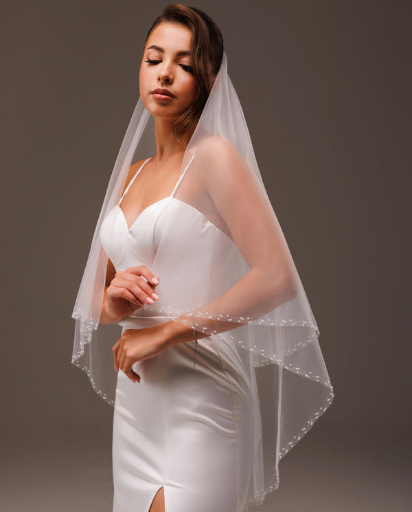 Light Ivory Beaded Wedding Veil with 2 layers,  2LCOSV/V-2549