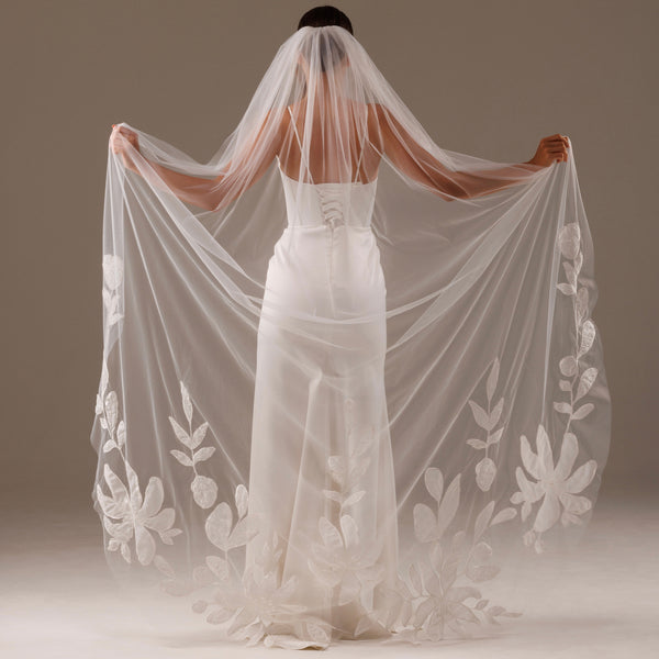 Lace veil with big flowers cathedral veil,V-2509