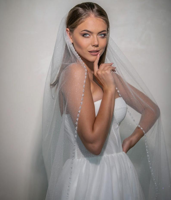 Beaded Wedding Glitter Veil with crystals, GLKV/V-2536